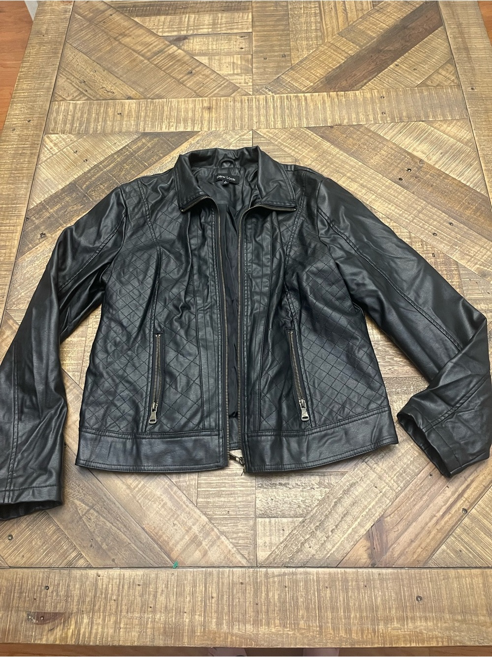 New Look Black Faux Leather Quilted Biker Jacket - Women's Size L